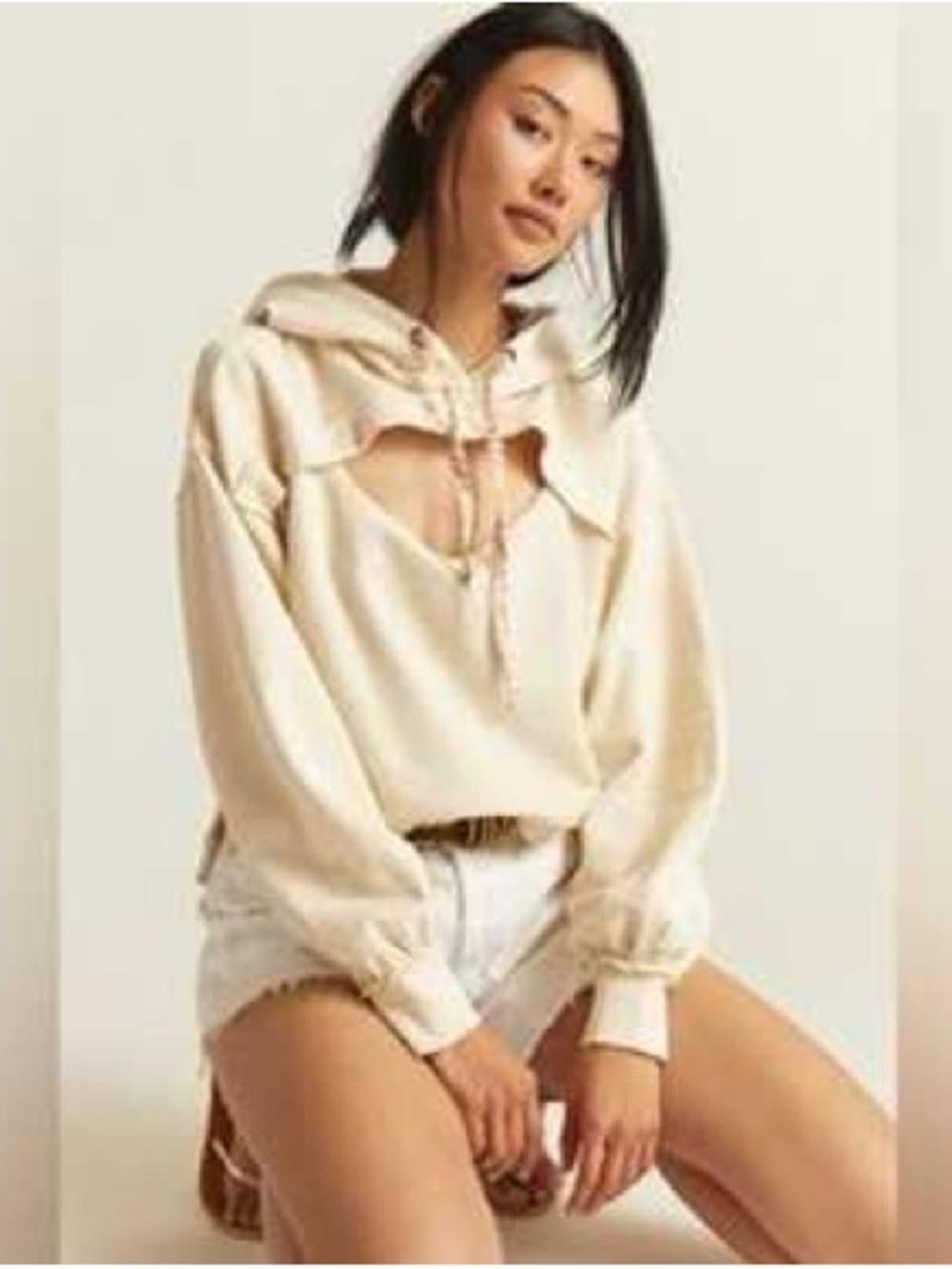 Anthropologie x Pilcro Cream Cutout Hooded Pullover sz L